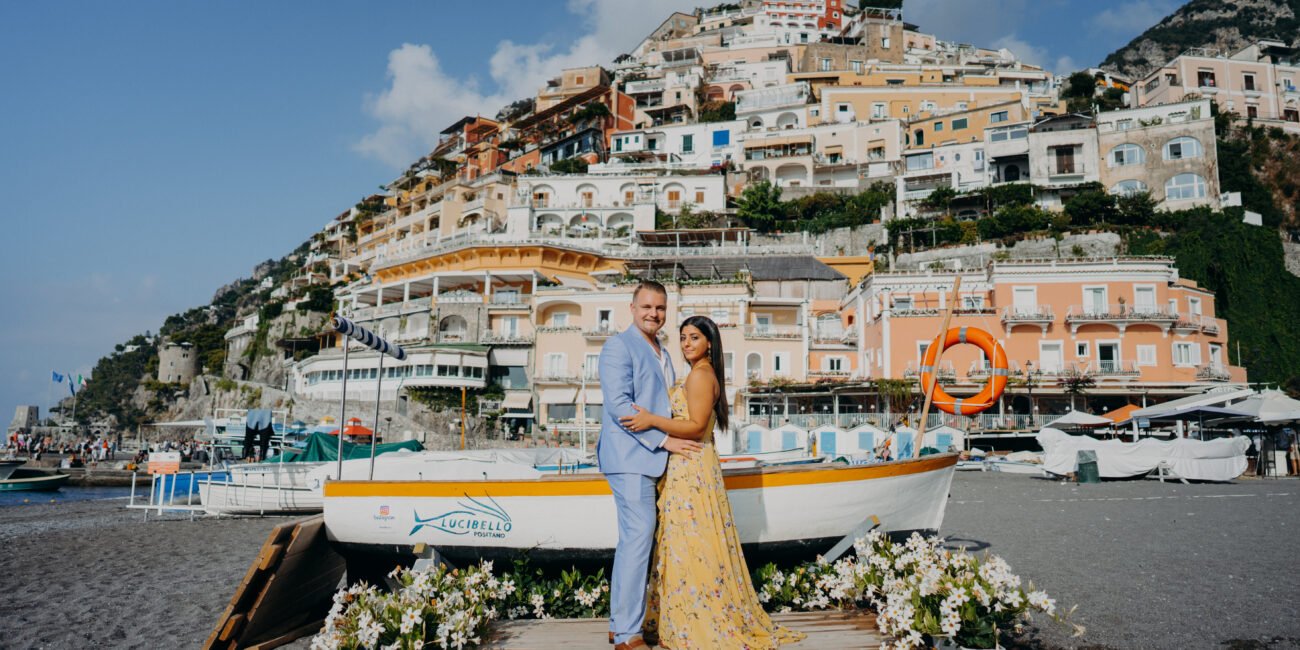 Emotional reaction to wedding proposal in Positano beach