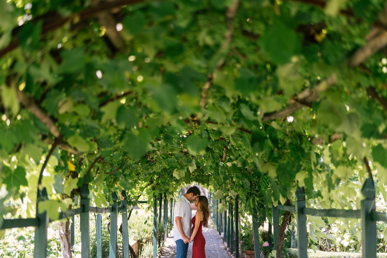 Man proposing to woman under a pergola in Tuscany